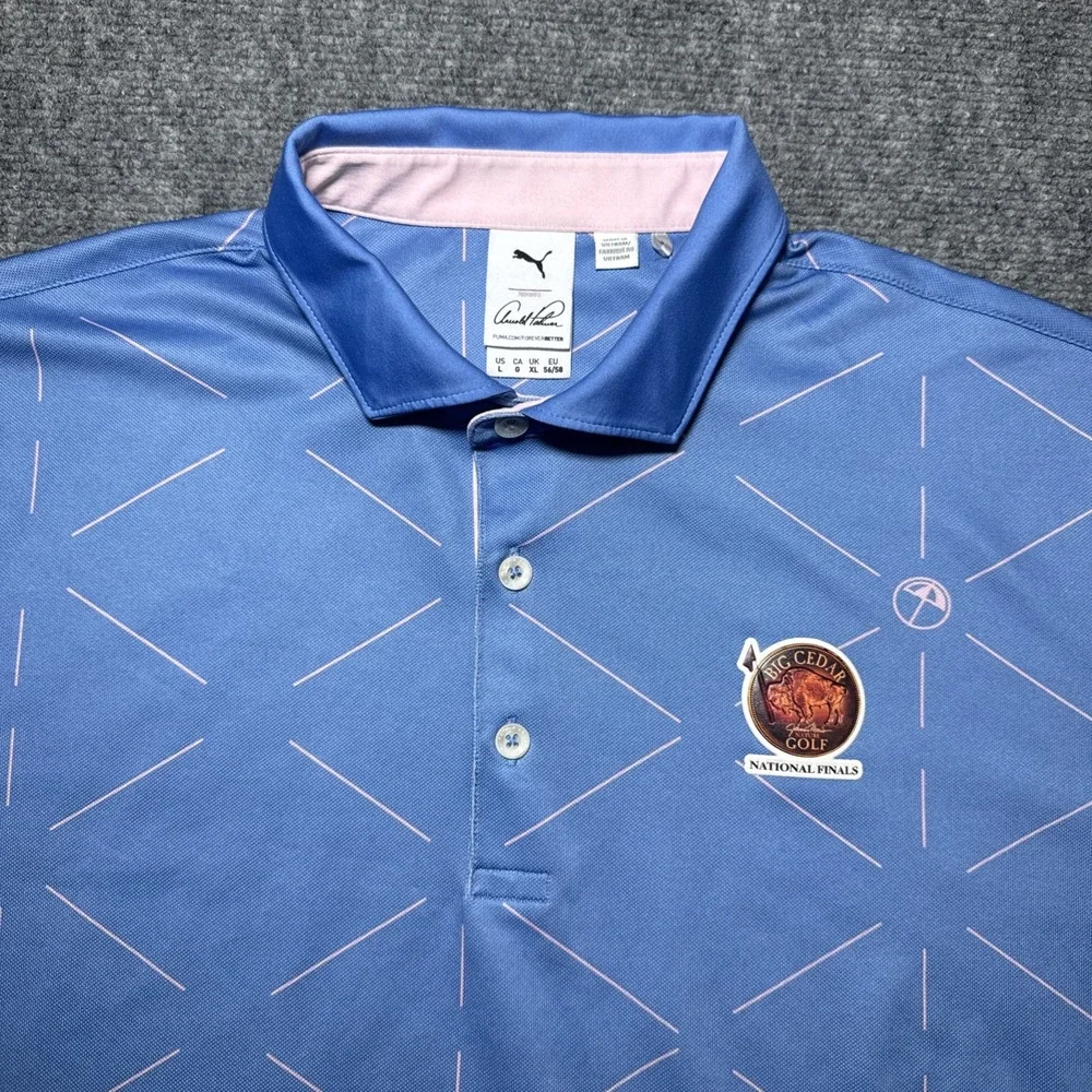 Puma x Arnold Palmer Geo Polo Shirt Mens Sz L Blue Golf Big Cedar National Final